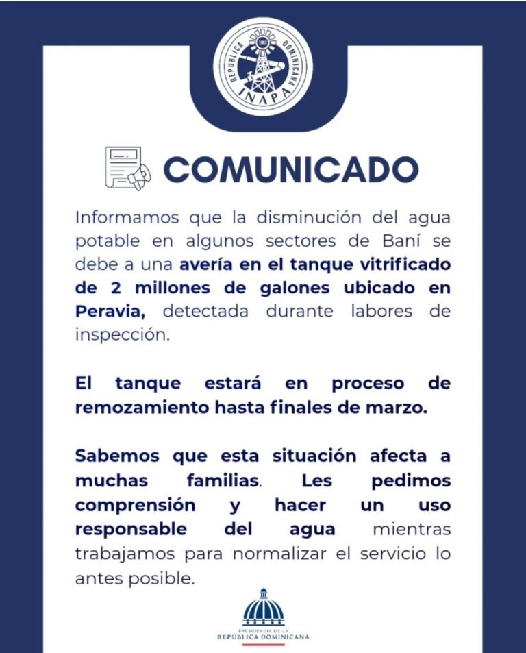 INAPA informa avería en tanque de almacenamiento afecta suministro de agua en sectores de Baní